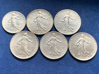 《竞宝斋》第466场 周日，周一 2场连拍 （全场包邮）欢迎送拍 - 六枚一组 法国播种女神银币 2法郎5枚+1法郎1枚 总重54.9克