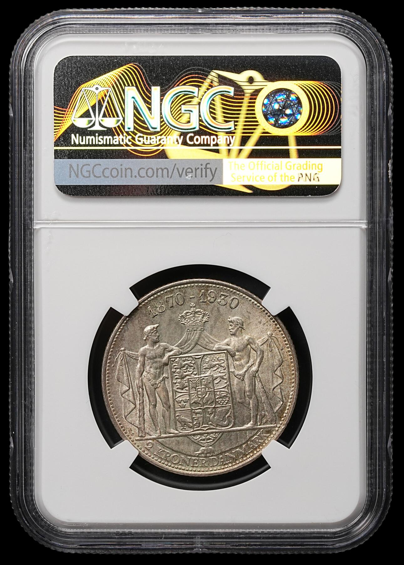 修遠堂世界钱币第106期，请看参拍说明 NGC MS64 1930年丹麦国王60大寿纪念2克朗银币