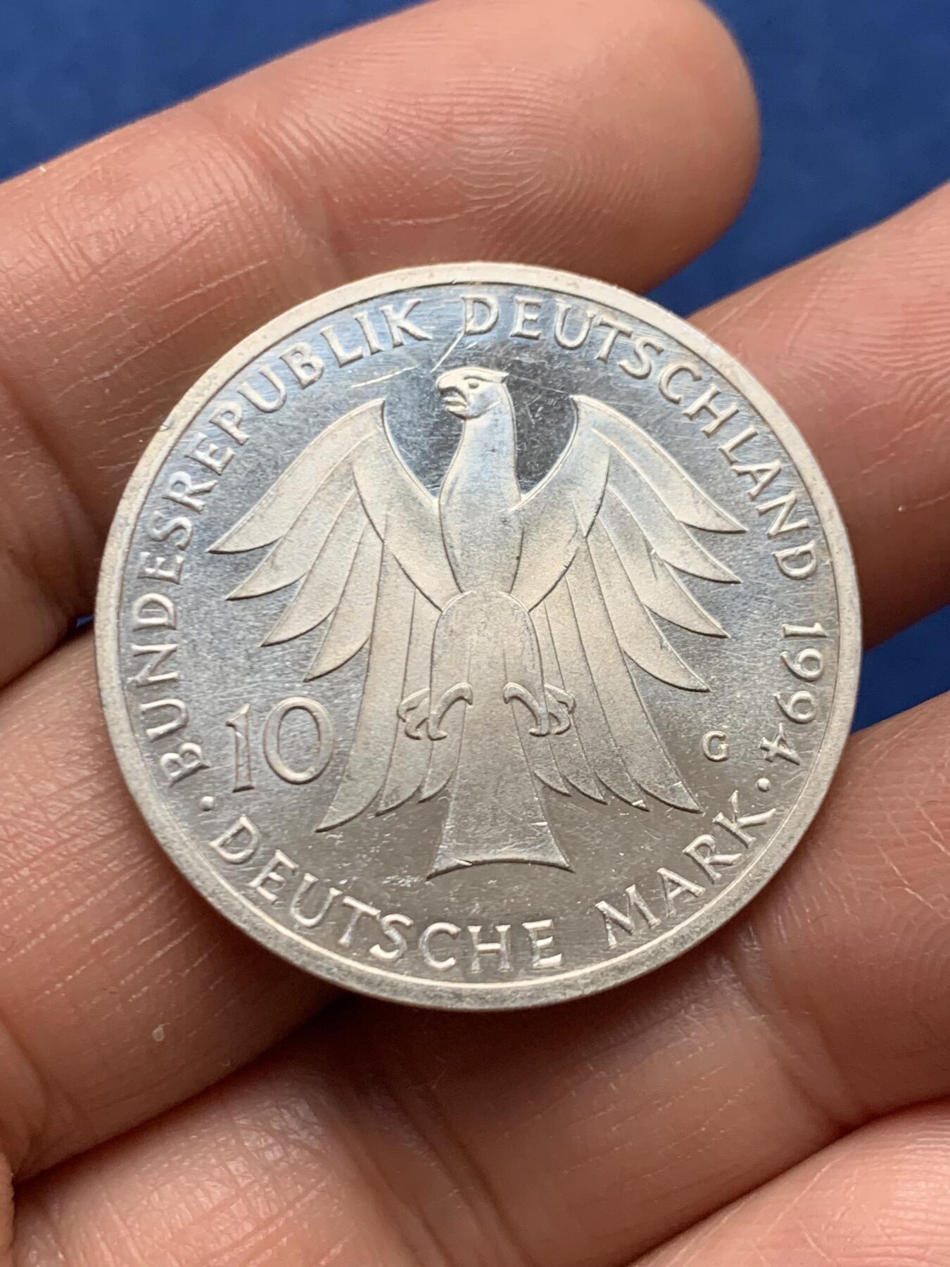 《竞宝斋》第466场 周日，周一 2场连拍 （全场包邮）欢迎送拍 德国1994年约翰·戈特弗里德·赫尔德250周年10马克银币 625银 15.45克