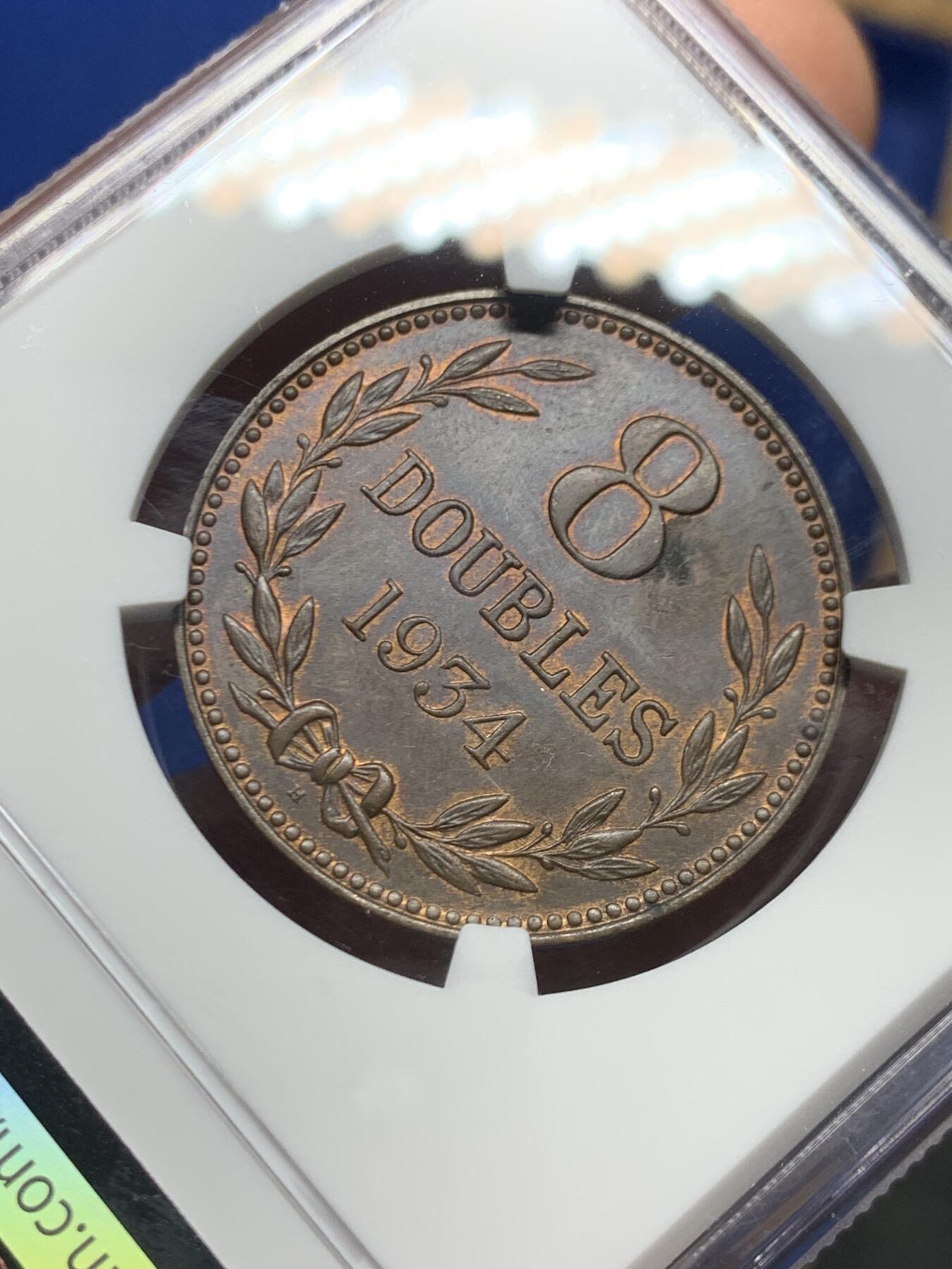 《竞宝斋》第466场 周日，周一 2场连拍 （全场包邮）欢迎送拍 NGC MS62BN 英属根西岛1934年乔治五世八道布 铜光还不错 很漂亮的品相