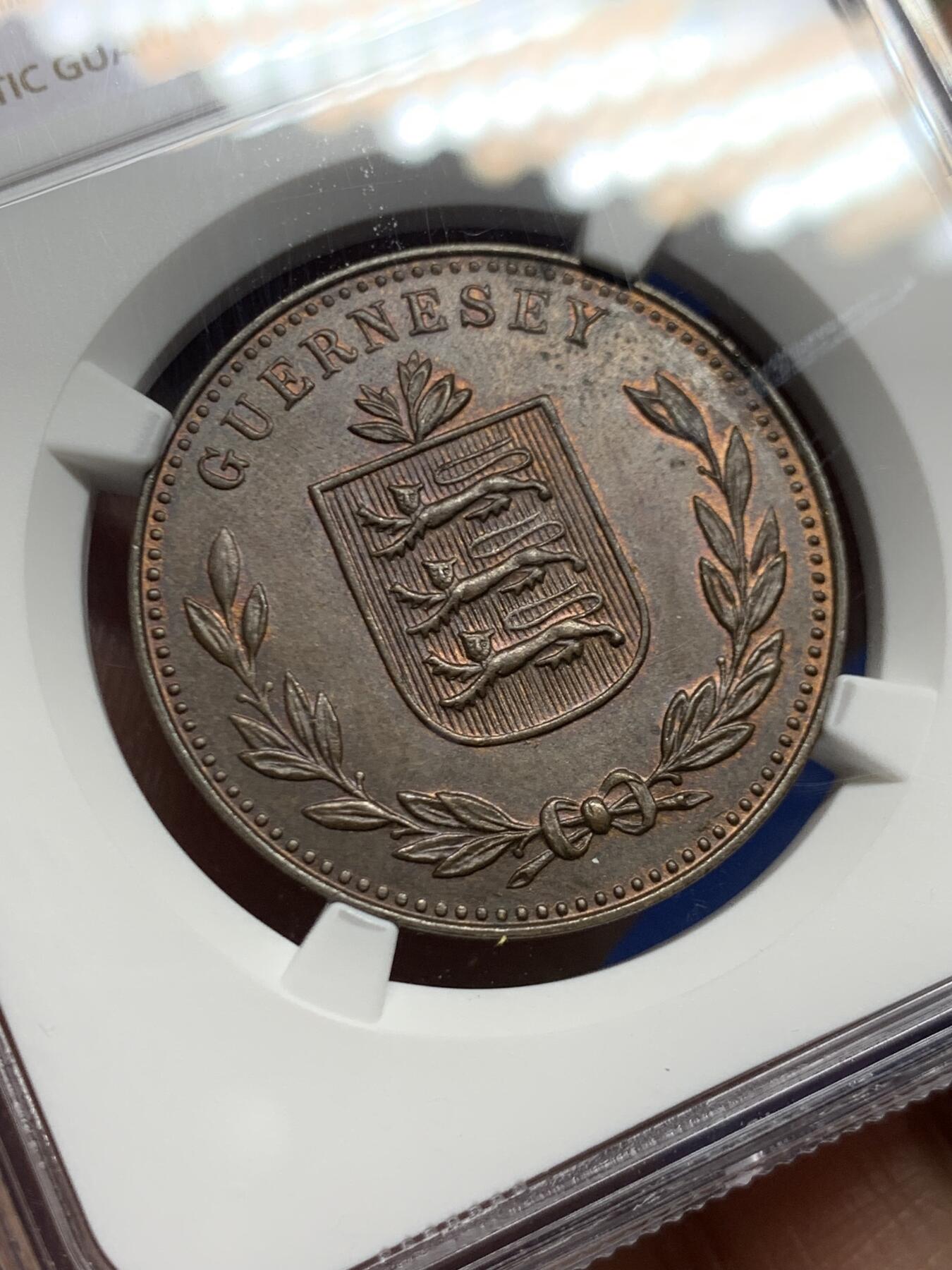 《竞宝斋》第466场 周日，周一 2场连拍 （全场包邮）欢迎送拍 NGC MS62BN 英属根西岛1934年乔治五世八道布 铜光还不错 很漂亮的品相