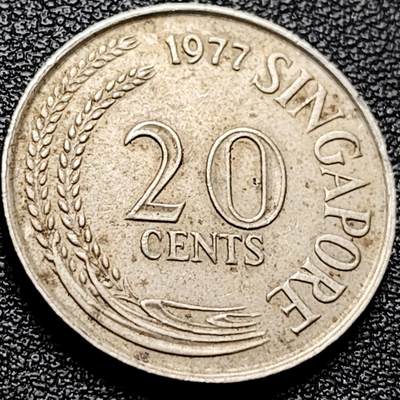 泉币菌-第203场-本场拍品多 请提前出价（正月十五统一发货） - 高币值 1977年 新加坡20分 海洋动物-剑鱼 24mm 