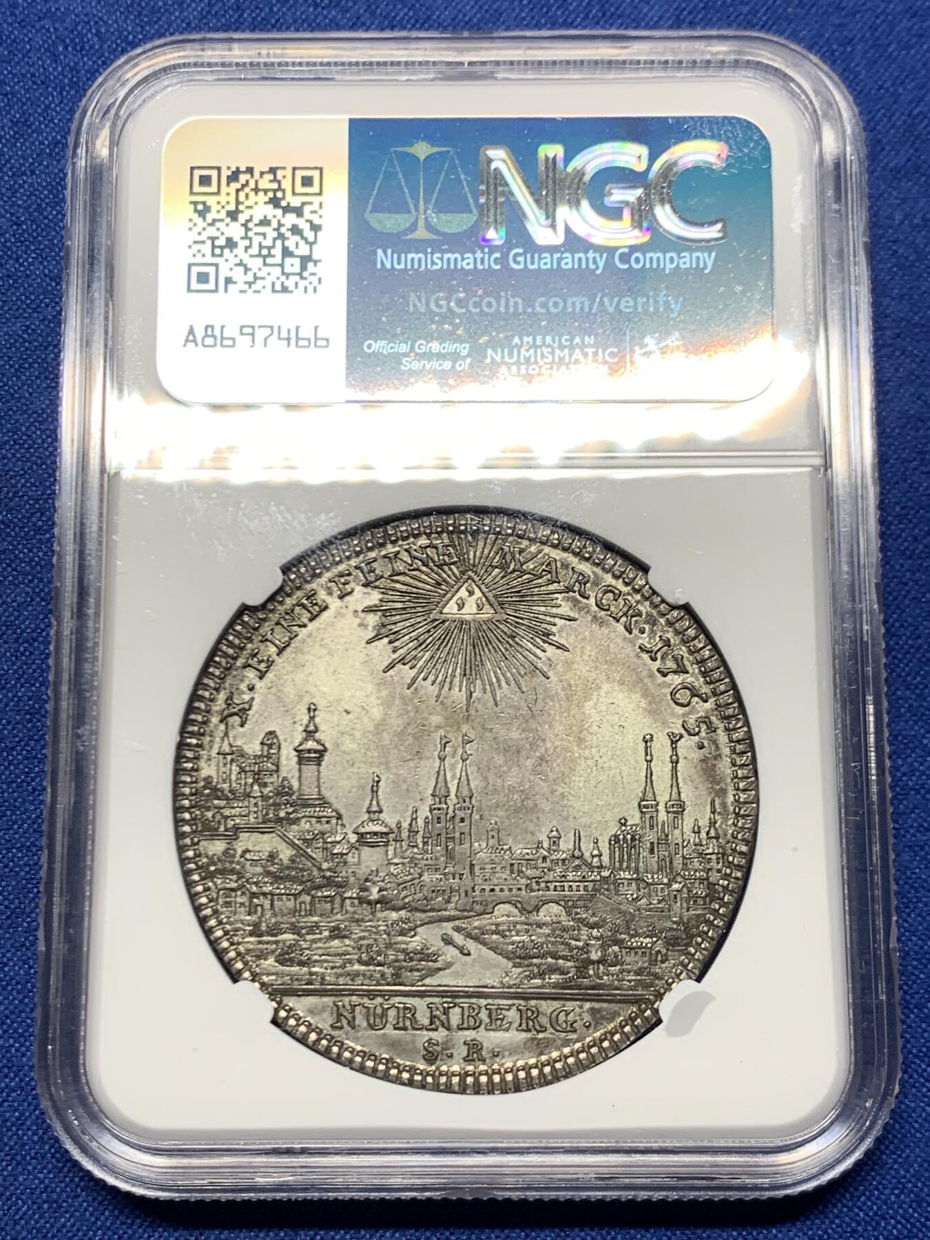 《竞宝斋》第466场 周日，周一 2场连拍 （全场包邮）欢迎送拍 NGC AU58 德国 1765年 纽伦堡 景观泰勒大银币 双面深包浆 细节保存的很好