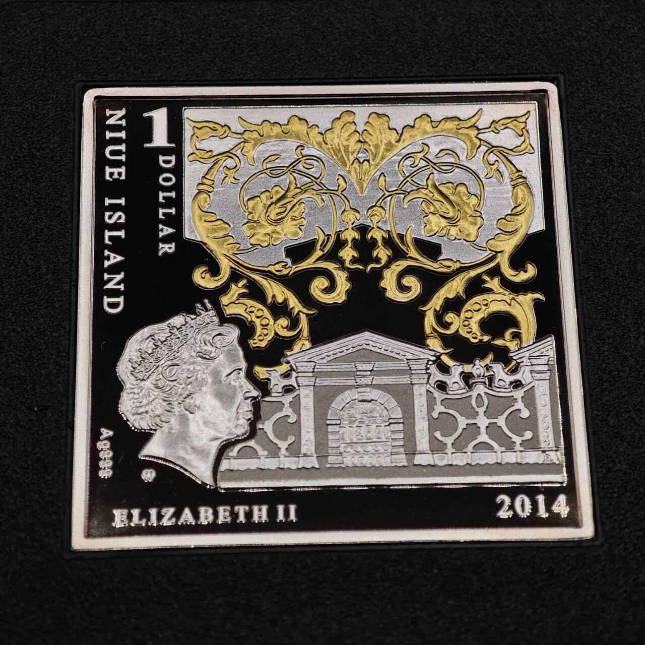 【淘币小摊】实时拍第八百七十三拍   银币套币场    每周一统一发货 纽埃2014年1元彩色部分镀金方形精制银币 文艺复兴名画系列-康乃馨的圣母（达芬奇） 28.28克999银 发行量：1999 盒证全