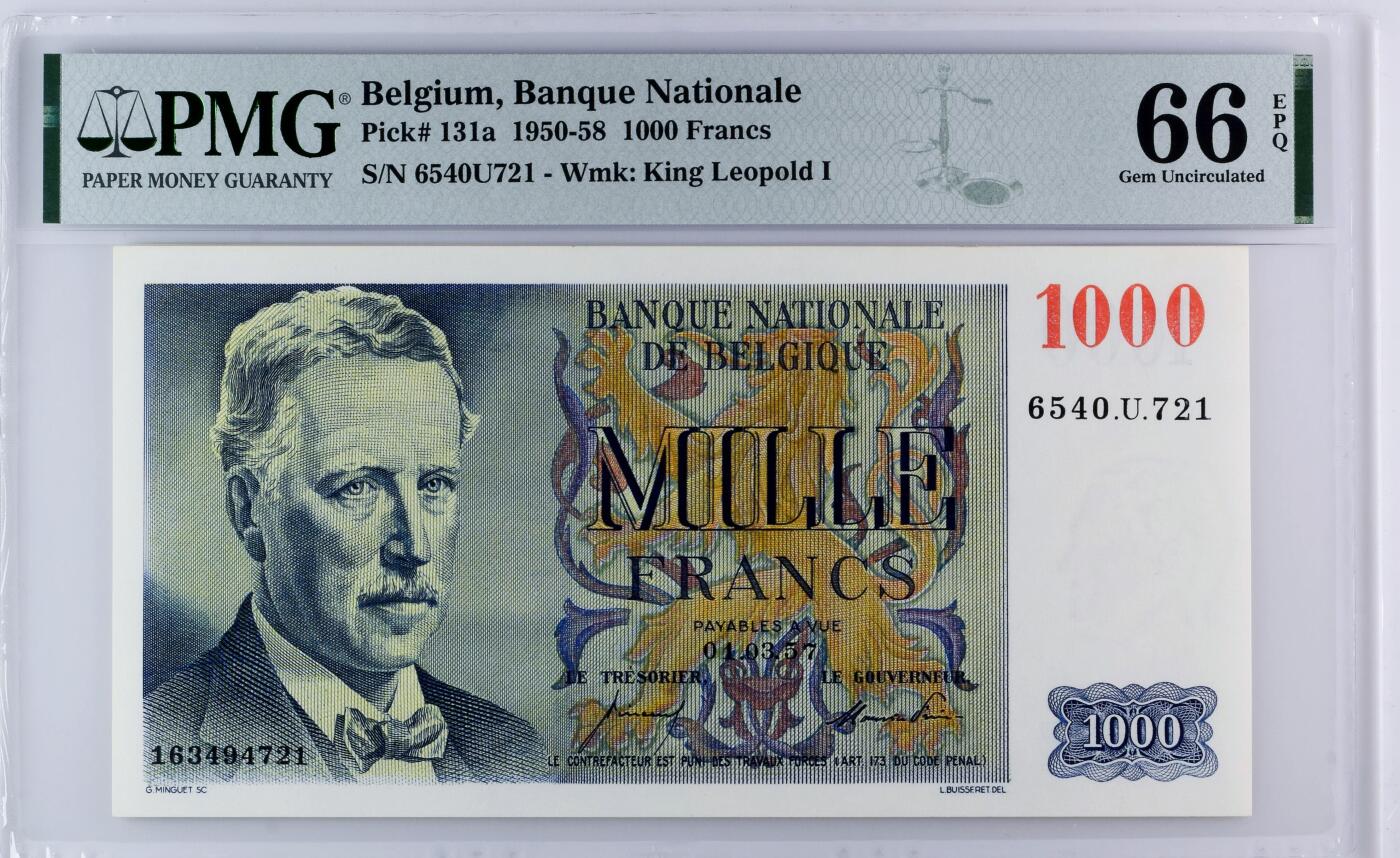 【Blue Auction】世界纸币精拍第789期——18级TOP拍卖/信誉/品质/专业/高效💫 比利时 1957年1000法郎 船长 PMG66EPQ 法属风