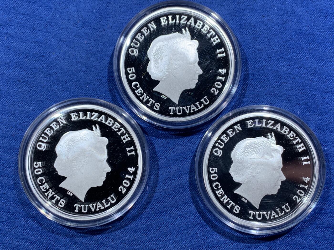 《竞宝斋》第466场 周日，周一 2场连拍 （全场包邮）欢迎送拍 图瓦卢2014年50分X3 彩色银币三枚套 农历-马年（福禄寿） 999银 15.591X3 总1.5盎司 盒证全 发行量：1500 澳大利亚珀斯造币局