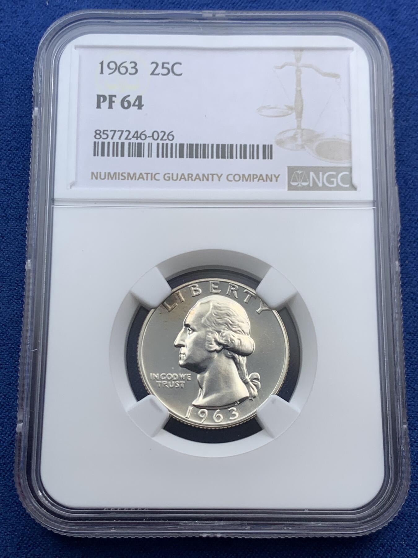 《竞宝斋》第466场 周日，周一 2场连拍 （全场包邮）欢迎送拍 NGC PF64 美国1963年华盛顿25分银币 少见精制版本