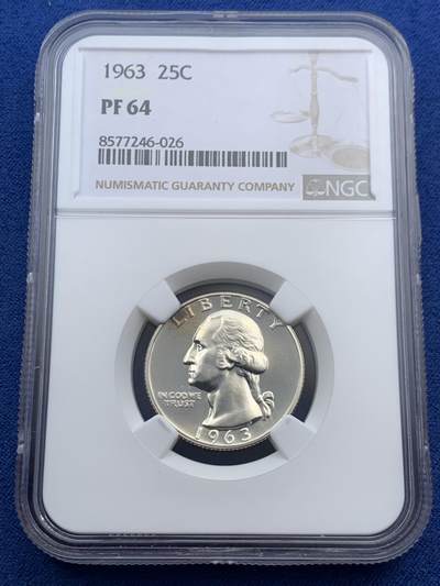《竞宝斋》第466场 周日，周一 2场连拍 （全场包邮）欢迎送拍 - NGC PF64 美国1963年华盛顿25分银币 少见精制版本
