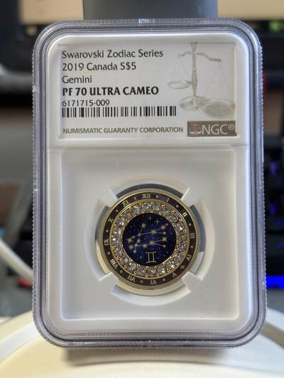 第192期拍卖 - 加拿大2019年十二星座双子座镶水晶彩银币NGC-PF70，9999银，7.96克，发行4000枚