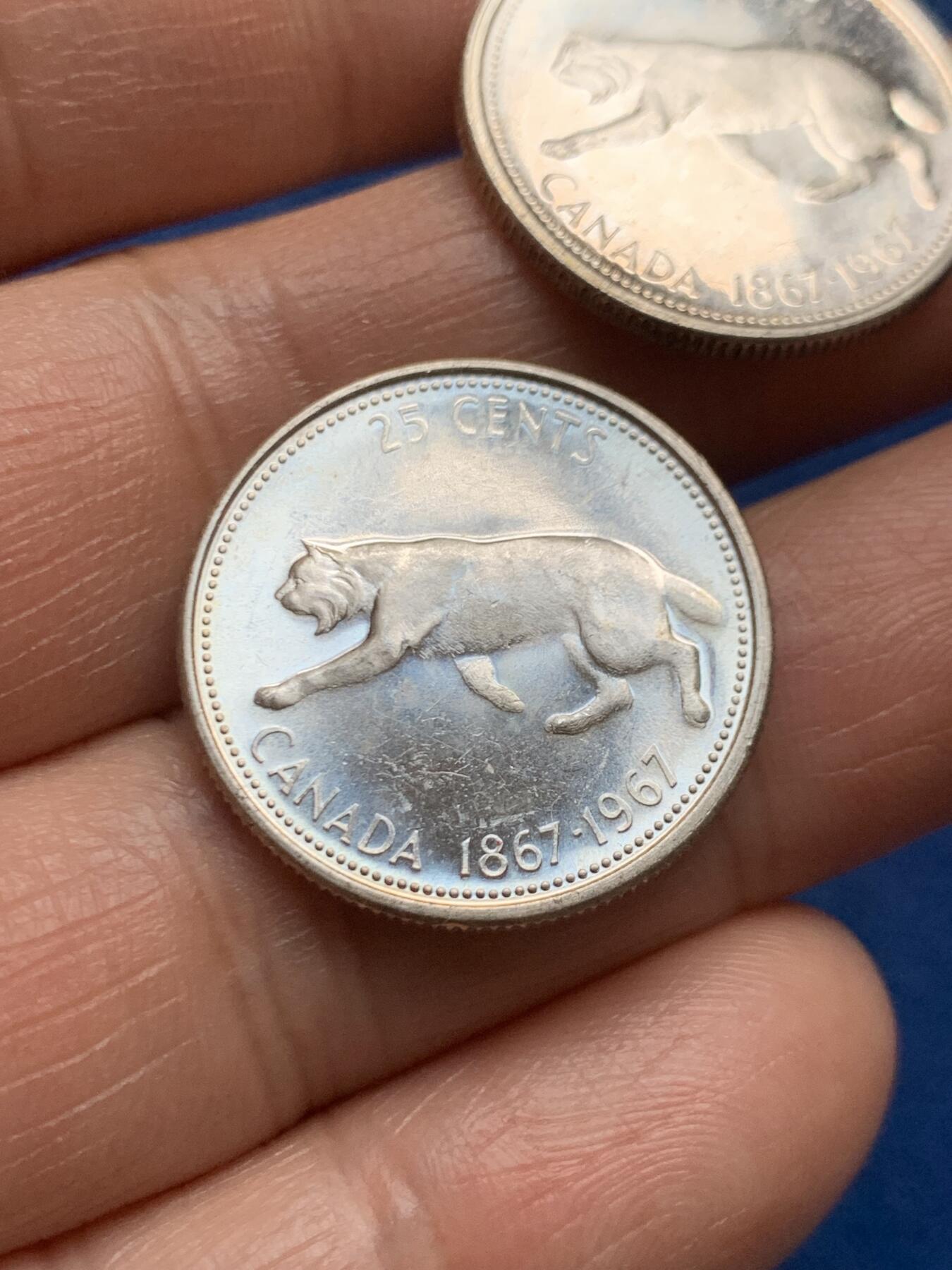 《竞宝斋》第466场 周日，周一 2场连拍 （全场包邮）欢迎送拍 两枚一组 加拿大1967年建国百年纪念25分银币 正面伊丽莎白二世女王 背面猞猁 总重11.9克