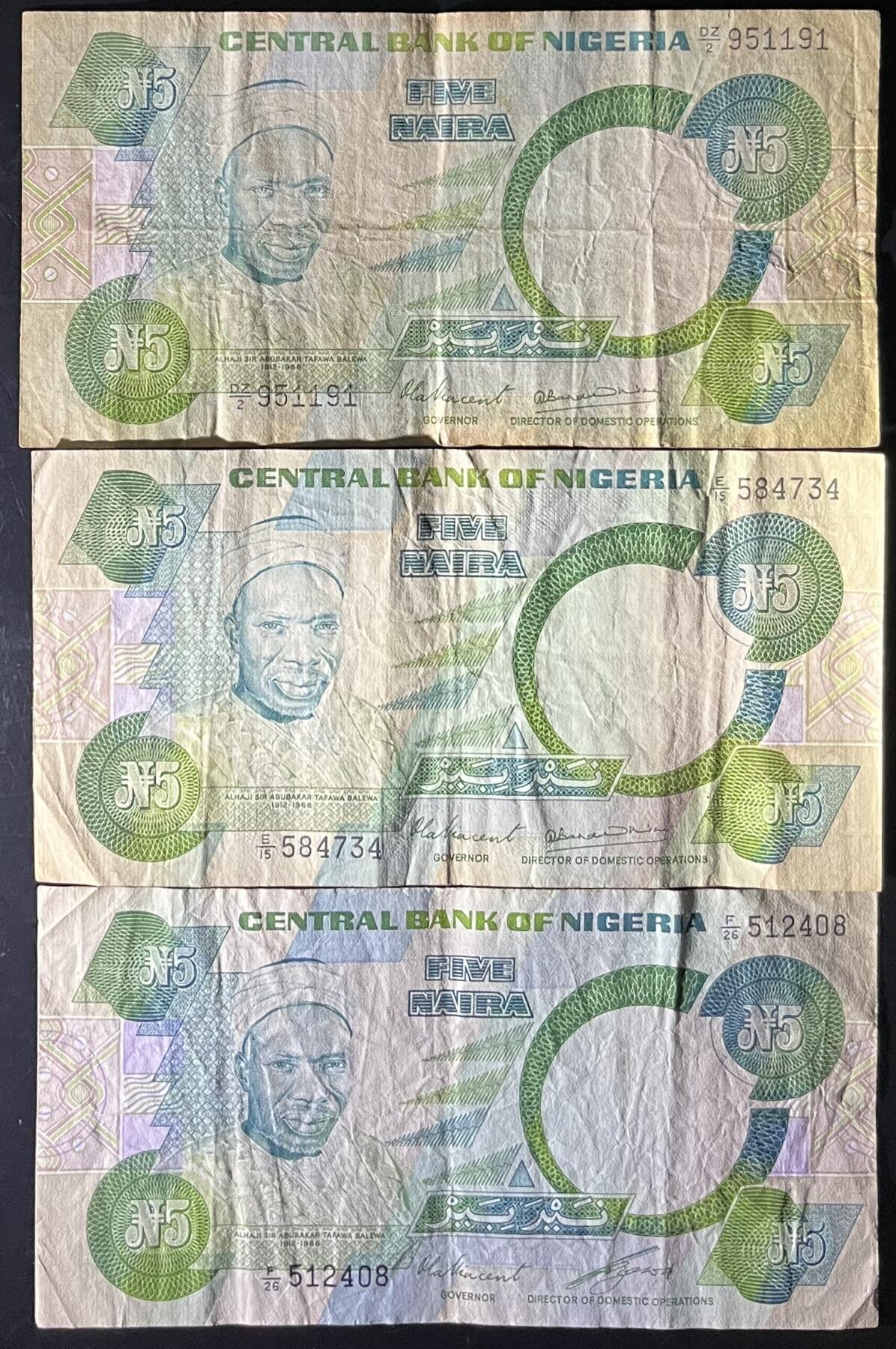 小福收藏拍卖第201期 流通品相裸钞 特惠场 本场拍卖美洲大洋洲非洲亚洲纸币【佣金仅收2% 不设最低佣金 全场包邮】 尼日利亚 5奈拉 1组3张 