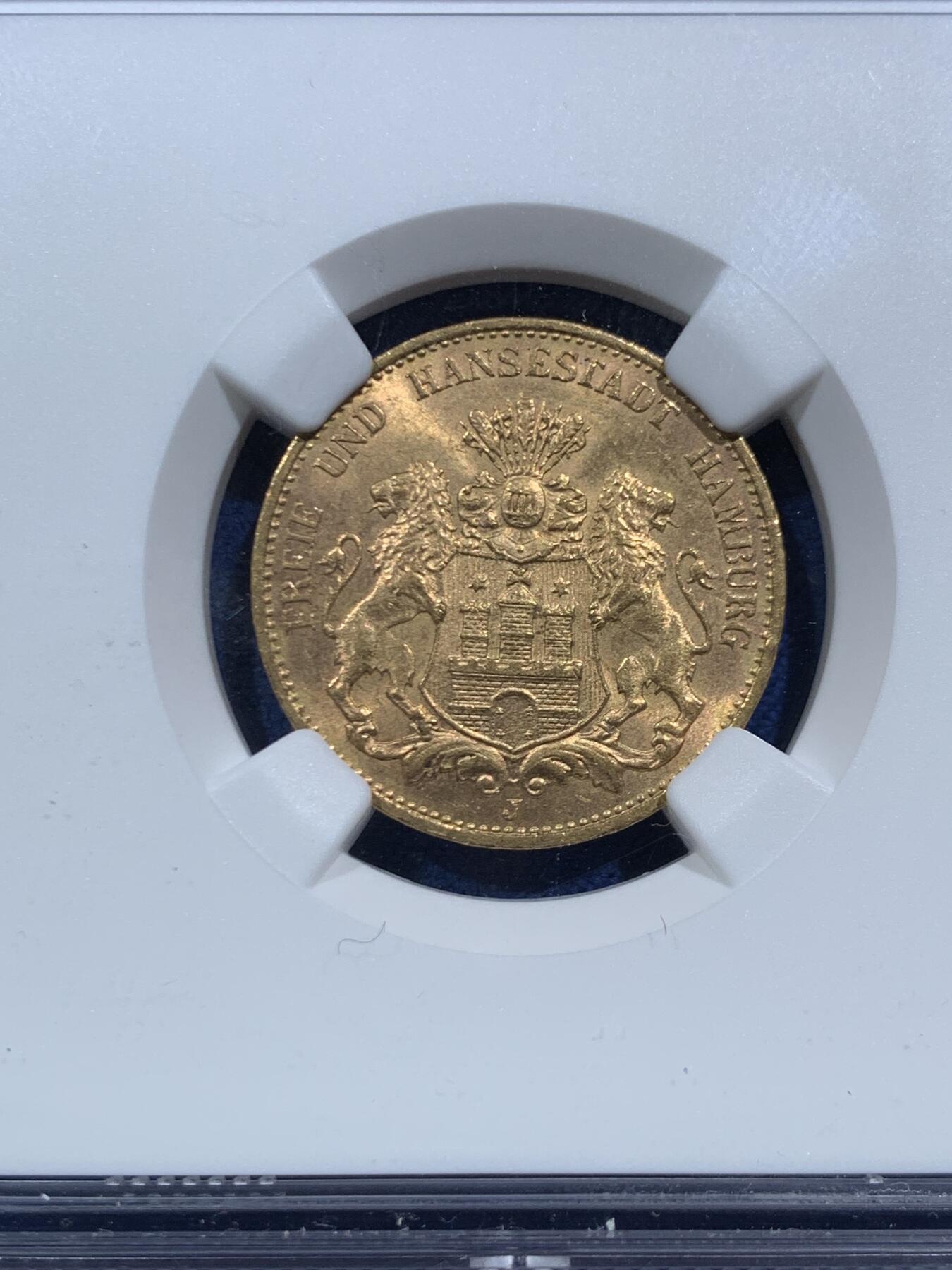 《竞宝斋》第466场 周日，周一 2场连拍 （全场包邮）欢迎送拍 NGC MS64 德国汉堡 1913年 20马克 金币 900金 7.96克 好品相 热门品种持续上涨