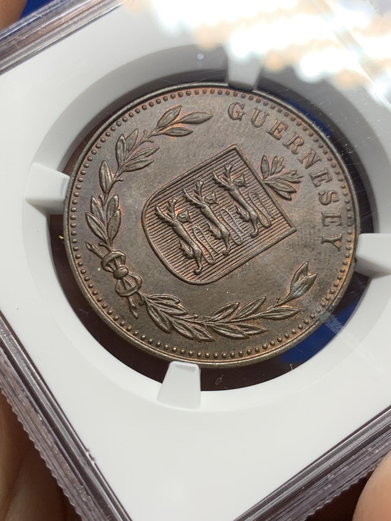 《竞宝斋》第466场 周日，周一 2场连拍 （全场包邮）欢迎送拍 NGC MS62BN 英属根西岛1934年乔治五世八道布 铜光还不错 很漂亮的品相