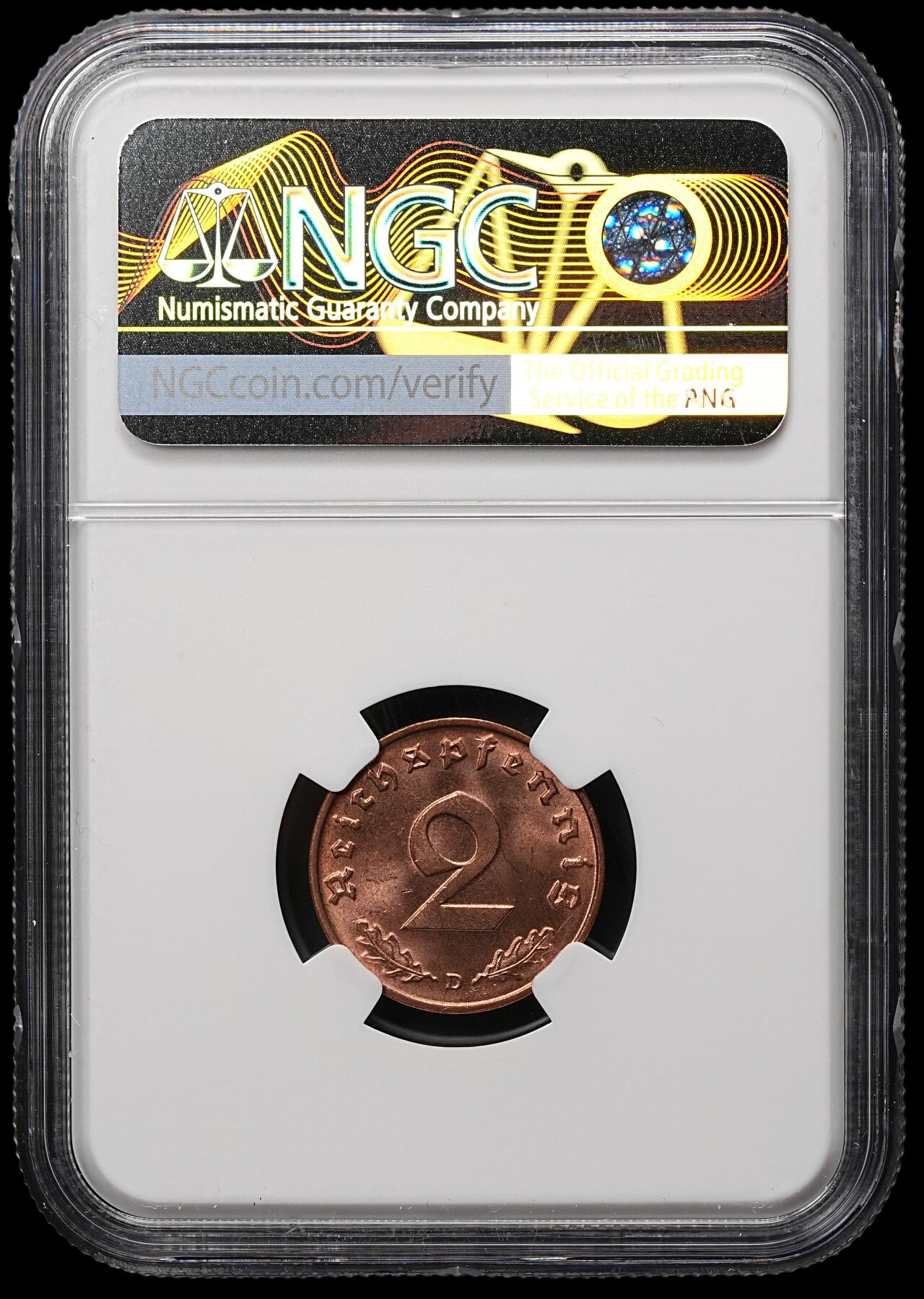 修遠堂世界钱币第106期，请看参拍说明 NGC MS64RD 1939年德国2芬尼铜币 D厂铭，满铜光