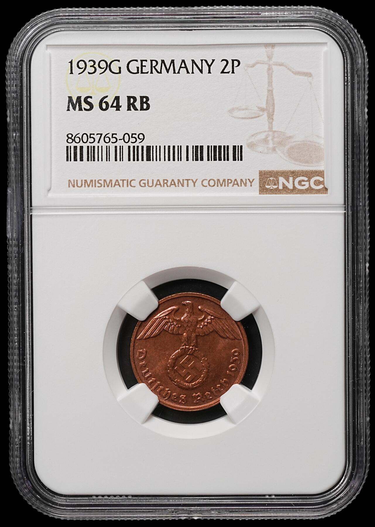 修遠堂世界钱币第106期，请看参拍说明 NGC MS64RB 1939年德国2芬尼铜币 G厂铭