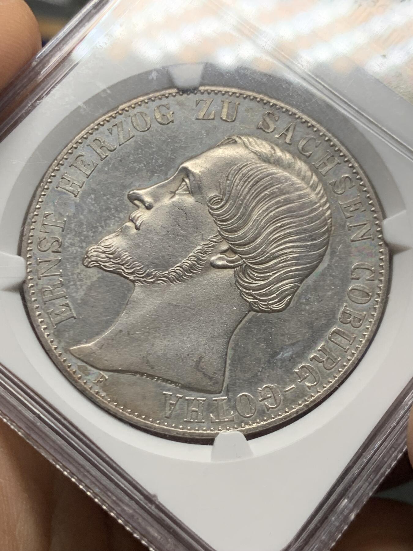 《竞宝斋》第466场 周日，周一 2场连拍 （全场包邮）欢迎送拍 NGC MS62 德国 1854年 萨克森-科堡-哥达公国  欧内斯特二世 2泰勒大银币 值得收藏