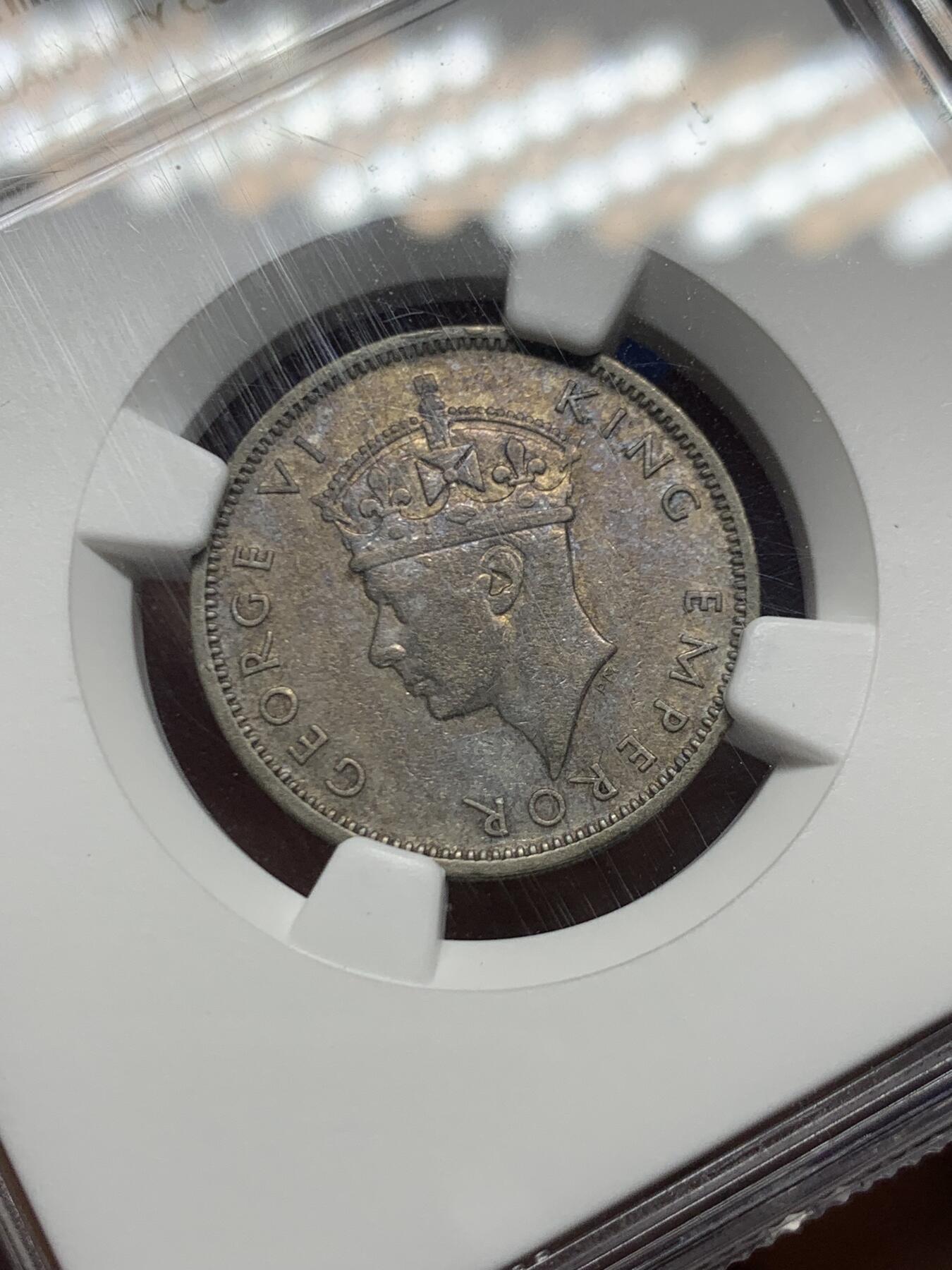 《竞宝斋》第466场 周日，周一 2场连拍 （全场包邮）欢迎送拍 NGC AU50 毛里求斯 1946年 1/2卢比银币 全套里最少的一枚