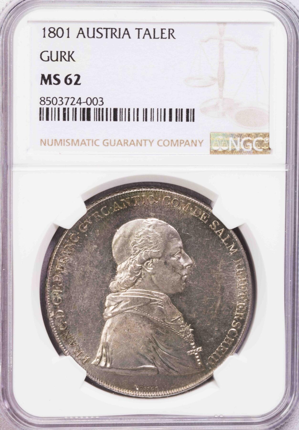 NGC-MS62 1801奥地利GURK主教区1泰勒大银币 稀少小邦国