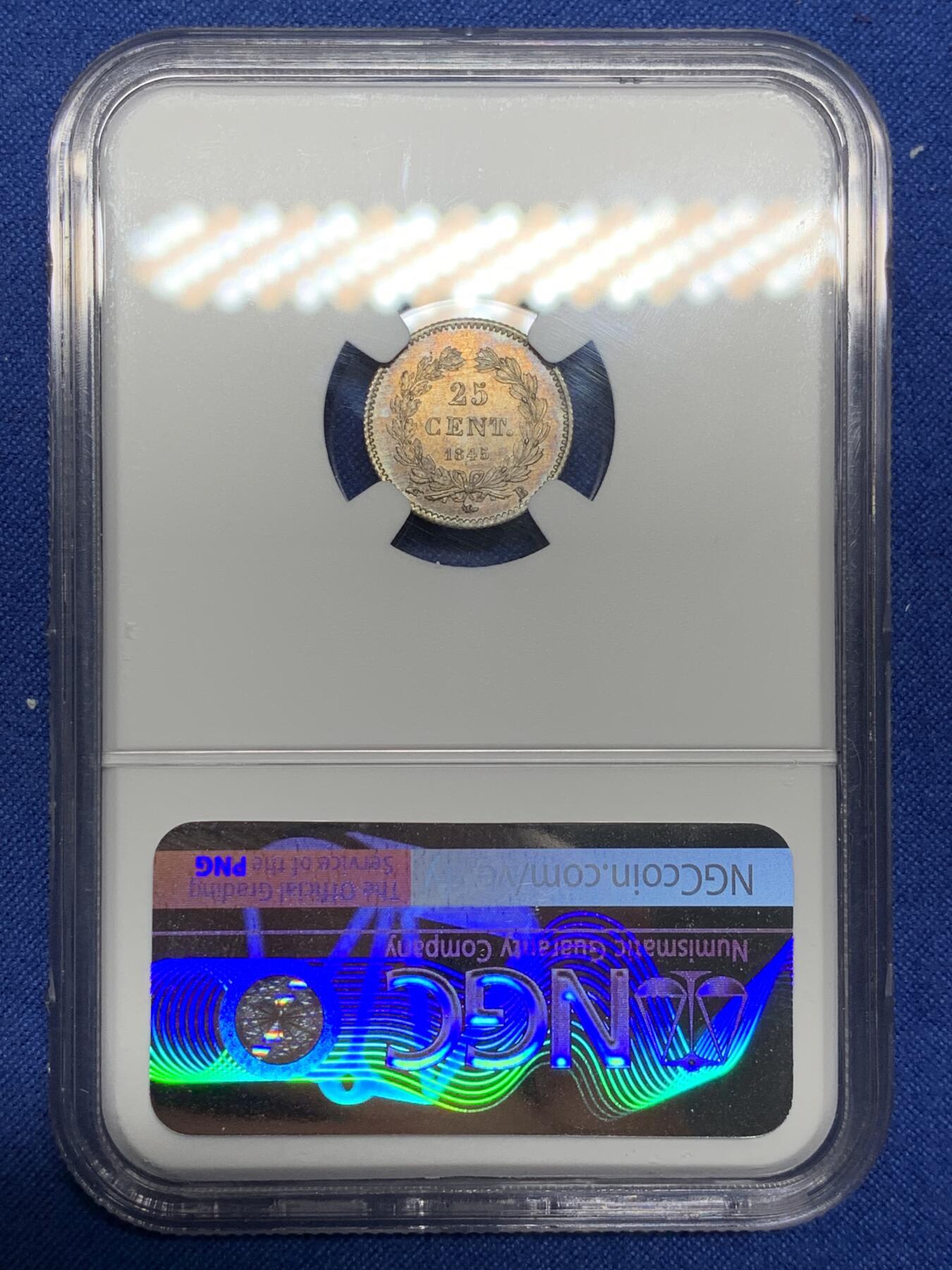 《竞宝斋》第466场 周日，周一 2场连拍 （全场包邮）欢迎送拍 NGC MS66 法国1845年菲利普斯一世25C银辅币 深五彩超高分 稀见品 亚军分数