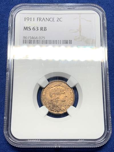 《竞宝斋》第467场 周日，周一 2场连拍 （全场包邮）欢迎送拍 - NGC MS63RB 法国1911年2分铜币 经典女神图案