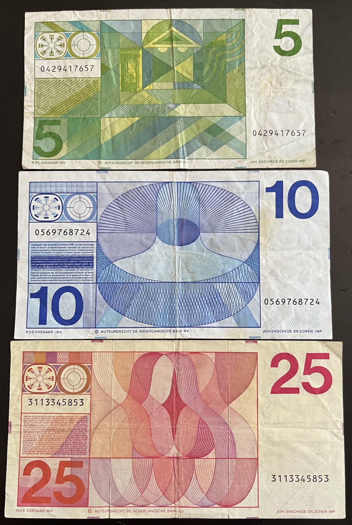 小福收藏拍卖第202期 流通品相裸钞 特惠场 本场全部为欧洲纸币【佣金仅收2% 不设最低佣金 全场包邮】 荷兰 5+10+25盾 人像版 1组3张