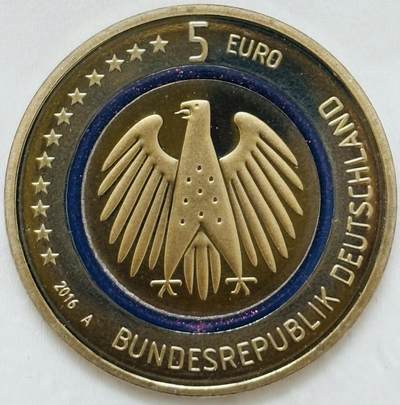 文馨钱币收藏第 295 场，（元宵场）各种银币散币纪念章，长期接代拍业务 - 德国2016年5欧元镶嵌高分子聚合物白铜精制纪念币，非常少见 附带参考价，带盒子收藏
