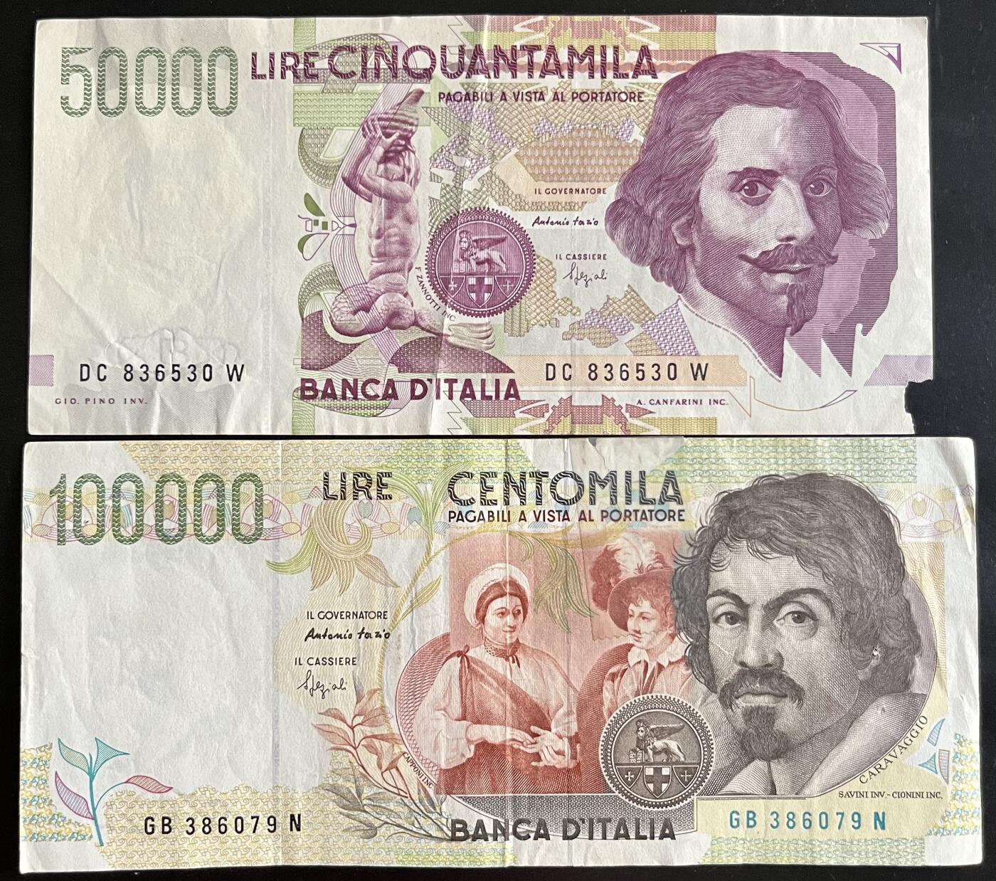小福收藏拍卖第202期 流通品相裸钞 特惠场 本场全部为欧洲纸币【佣金仅收2% 不设最低佣金 全场包邮】 意大利 1992年 50000里拉+1994年 100000里拉 1组2张