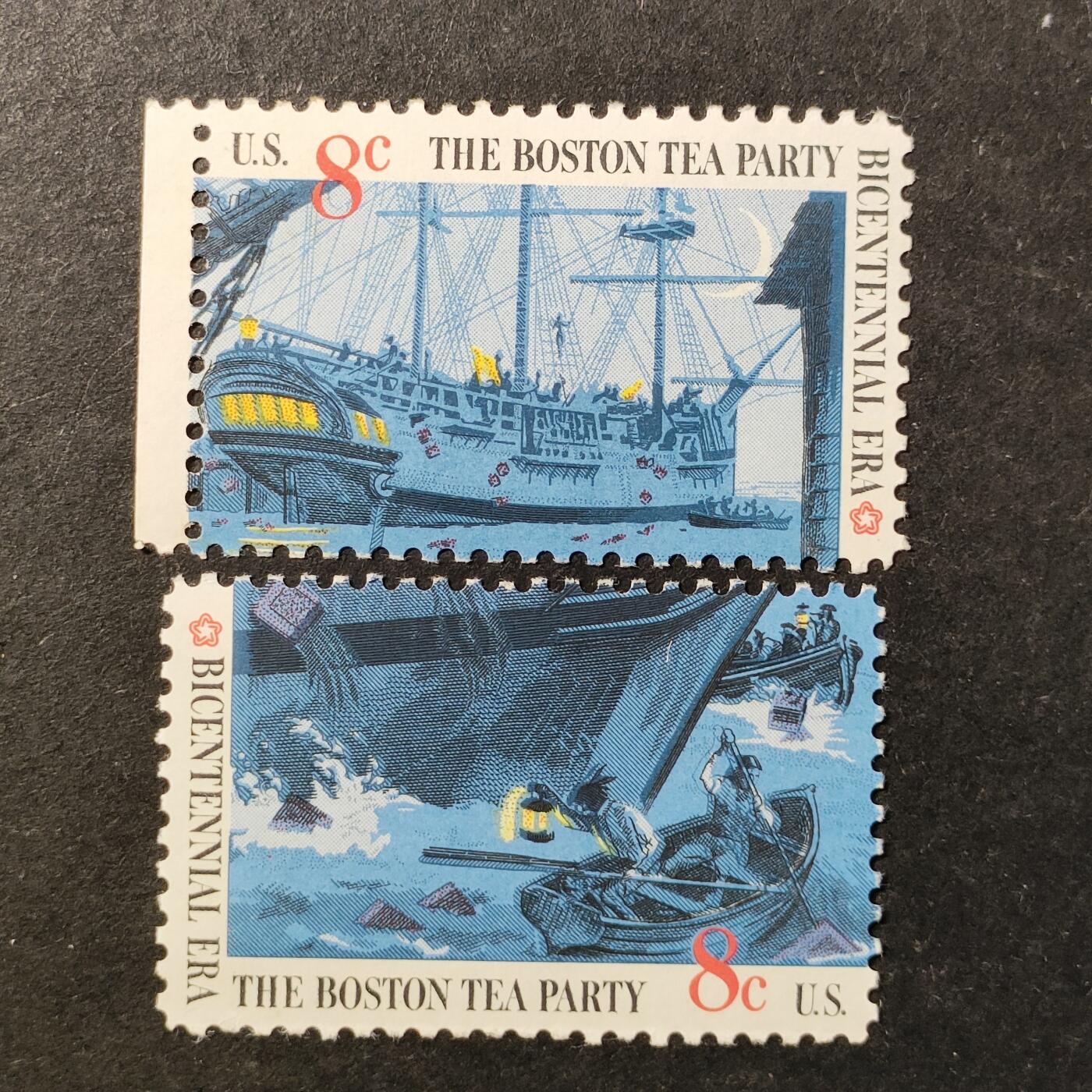 ↓君缘收藏752期☞钱币邮品↓无佣金、可寄存、满30元包邮  美国邮票，1973年美国独立200周年·波士顿倾茶事件邮票雕刻版2枚