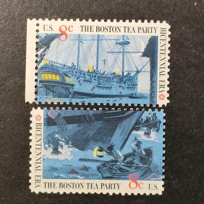 ↓君缘收藏752期☞钱币邮品↓无佣金、可寄存、满30元包邮  - 美国邮票，1973年美国独立200周年·波士顿倾茶事件邮票雕刻版2枚
