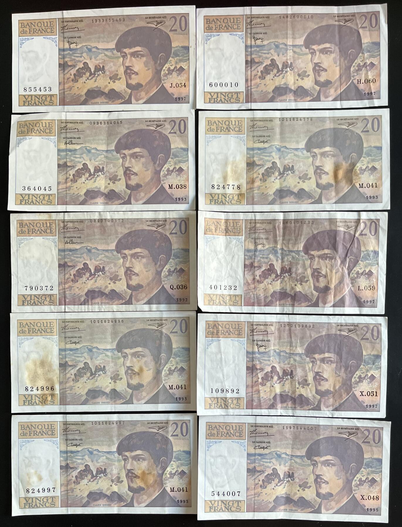小福收藏拍卖第202期 流通品相裸钞 特惠场 本场全部为欧洲纸币【佣金仅收2% 不设最低佣金 全场包邮】 法国 1992-97年 20法郎 1组10张（含1张倒置号）