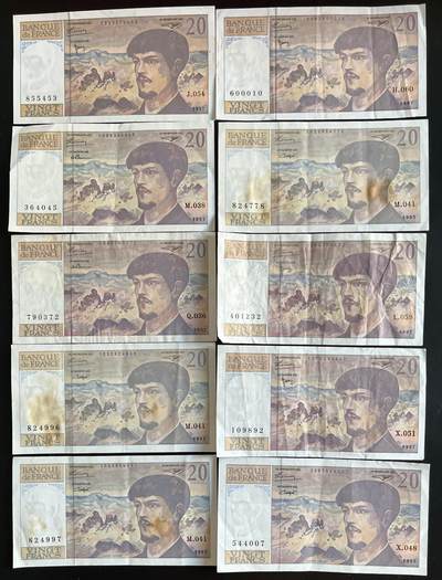 小福收藏拍卖第202期 流通品相裸钞 特惠场 本场全部为欧洲纸币【佣金仅收2% 不设最低佣金 全场包邮】 - 法国 1992-97年 20法郎 1组10张（含1张倒置号）