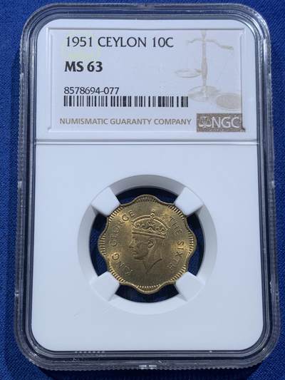 《竞宝斋》第467场 周日，周一 2场连拍 （全场包邮）欢迎送拍 - NGC MS63 英属锡兰1951年乔六10分铜币，MS品不多见