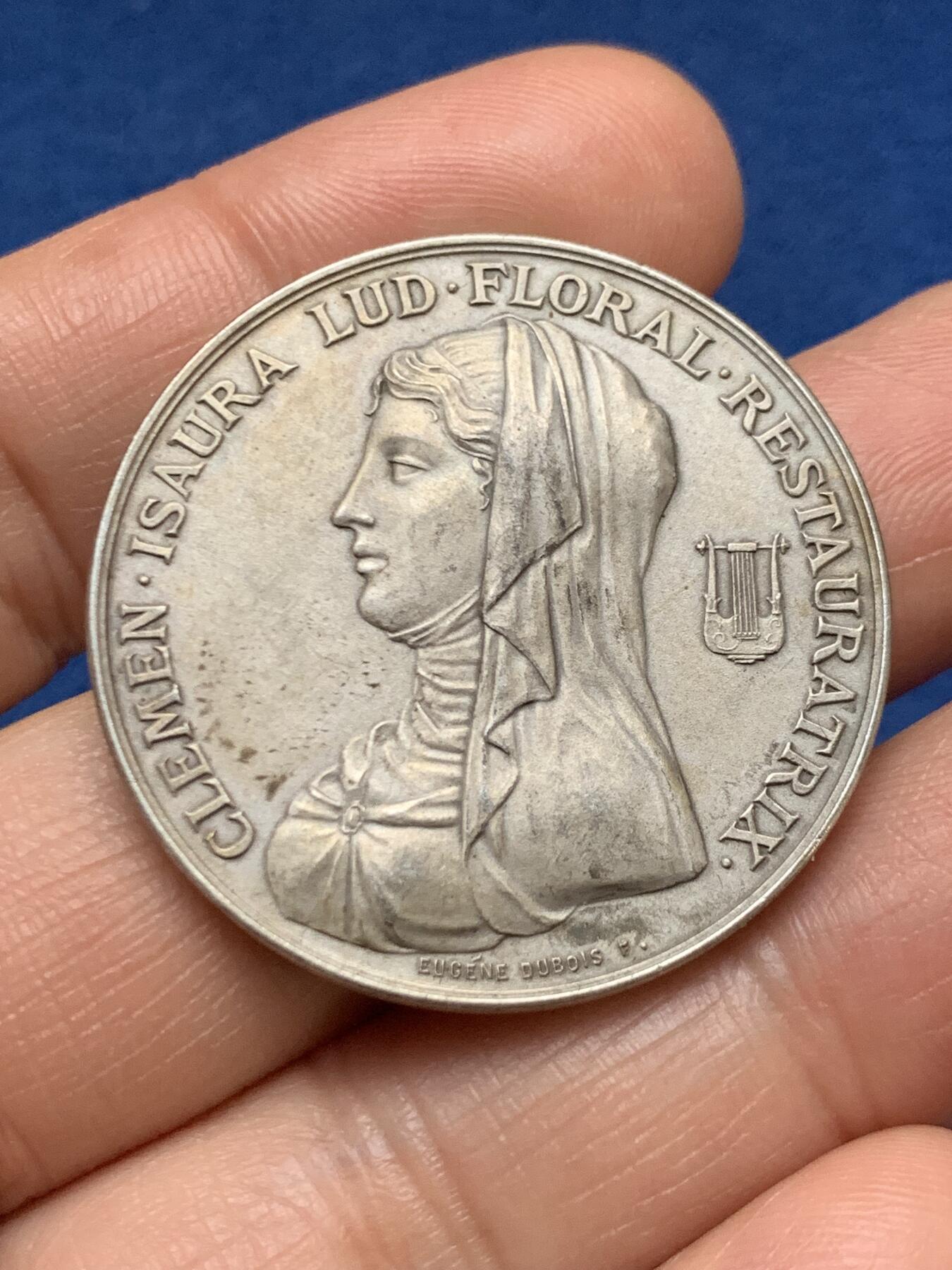 《竞宝斋》第467场 周日，周一 2场连拍 （全场包邮）欢迎送拍 法国图卢兹花卉节银质代币，22.51g，35.7mm，丰饶角1argent边铭