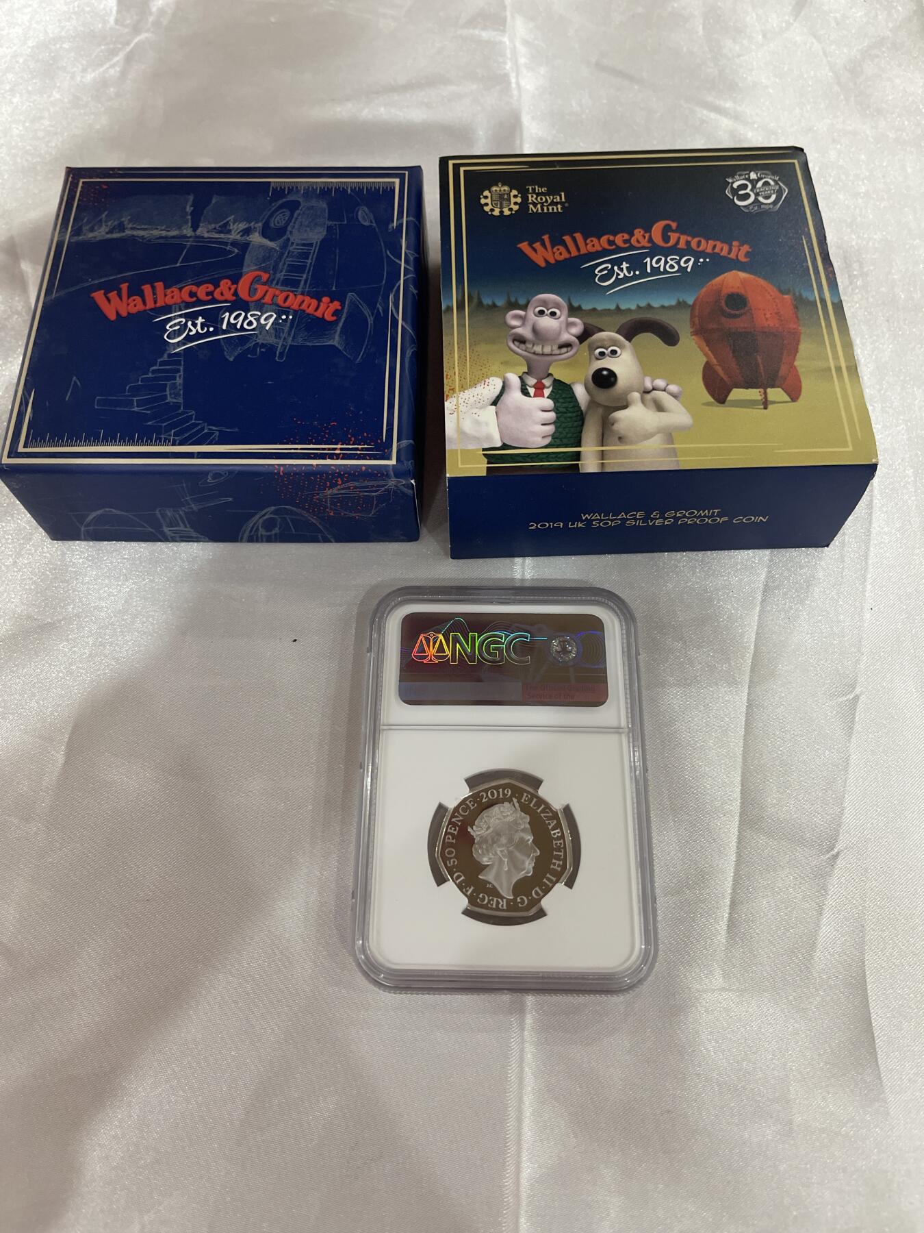 英国2019年卡通无敌掌门狗彩色精制银币 NGC70 格罗米特和华莱士