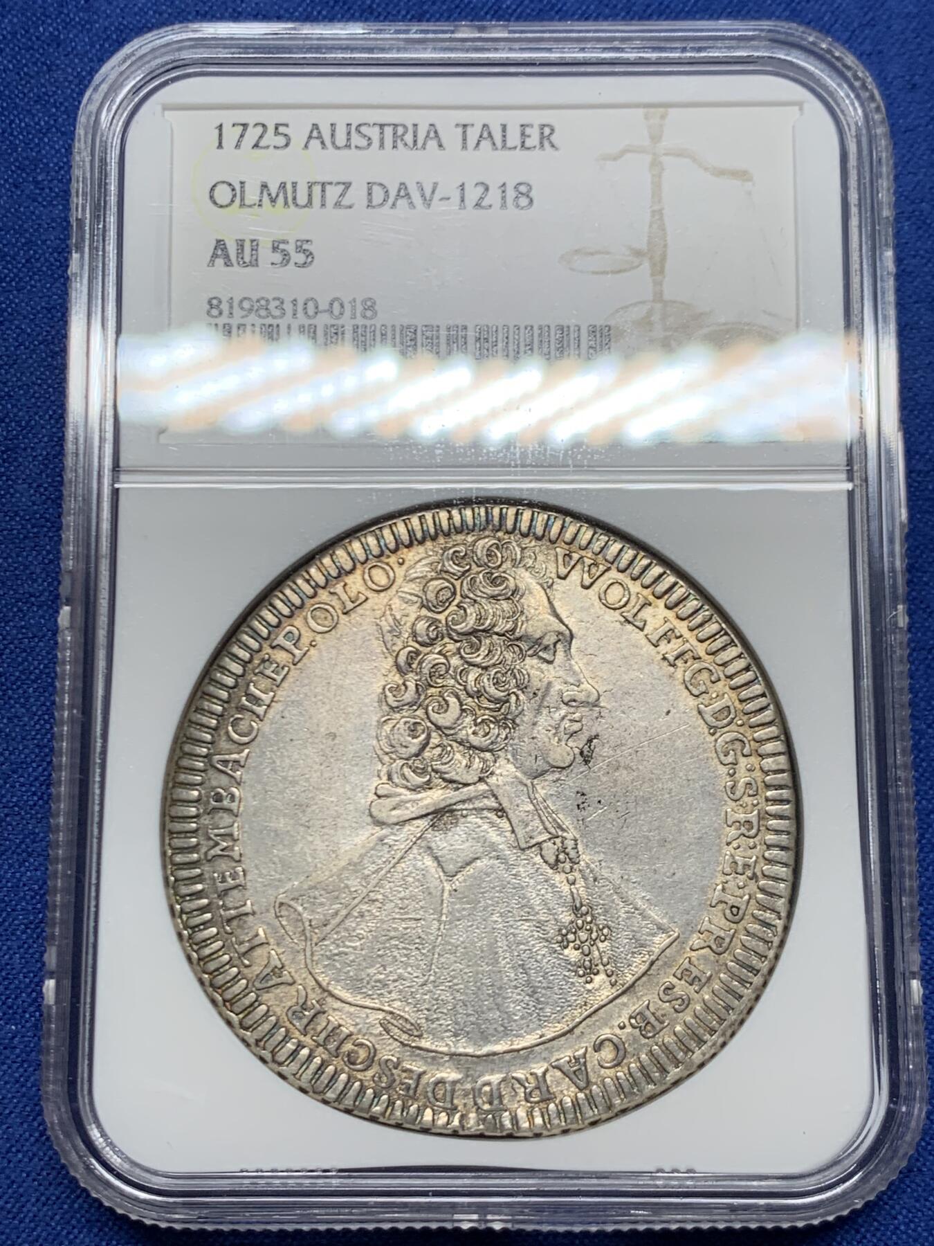 《竞宝斋》第467场 周日，周一 2场连拍 （全场包邮）欢迎送拍 NGC AU55 波西米亚王国 奥洛穆茨主教区 1725年 泰勒大银币 少见人像底板带光可藏