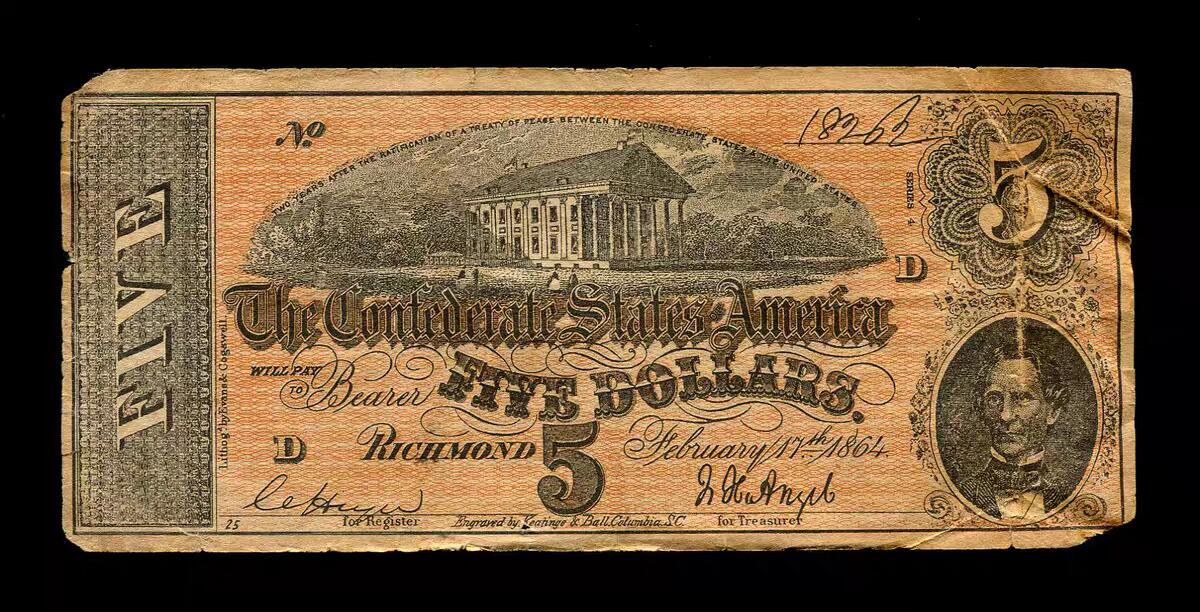 3月2号晚上8点 外国纸币自动截拍第33场 美国 邦联州 1864年5元 