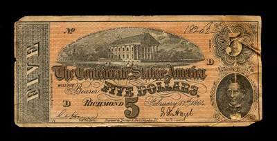 3月2号晚上8点 外国纸币自动截拍第33场 - 美国 邦联州 1864年5元 