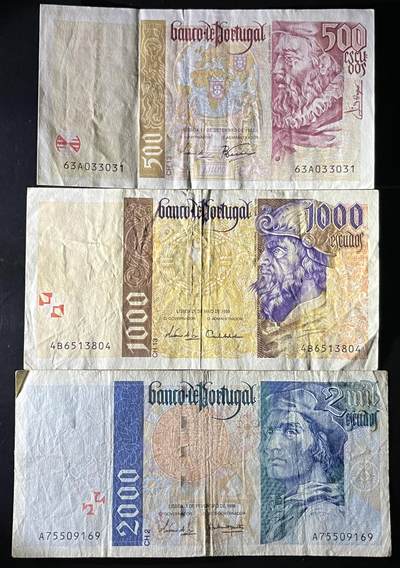 小福收藏拍卖第202期 流通品相裸钞 特惠场 本场全部为欧洲纸币【佣金仅收2% 不设最低佣金 全场包邮】 葡萄牙 1995-2000年 500+1000+2000埃斯库多 1组3张
