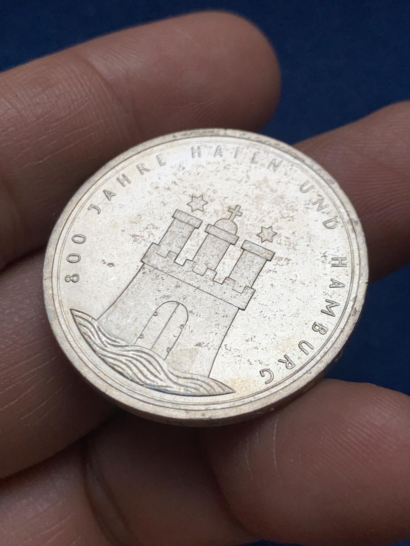 《竞宝斋》第467场 周日，周一 2场连拍 （全场包邮）欢迎送拍 德国1989年汉堡港800周年纪念10马克银币 625银 15.55克