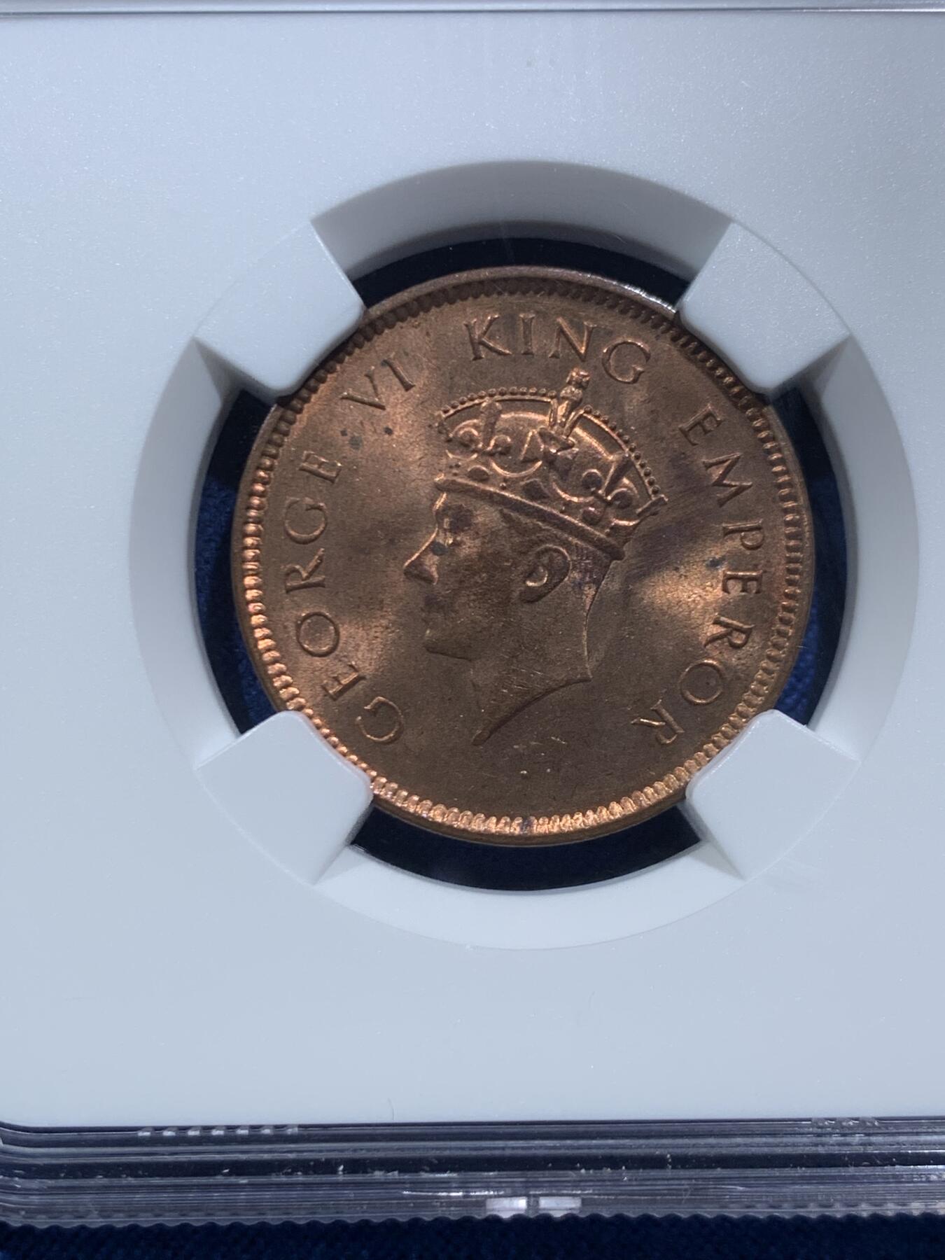 《竞宝斋》第467场 周日，周一 2场连拍 （全场包邮）欢迎送拍 NGC MS64RB 英属印度1939年B版1/4安娜铜币