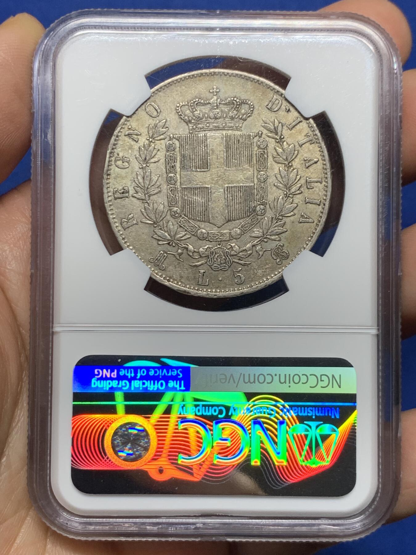 《竞宝斋》第467场 周日，周一 2场连拍 （全场包邮）欢迎送拍 NGC AU53 意大利 1870年 艾曼纽尔二世 5里拉大银币