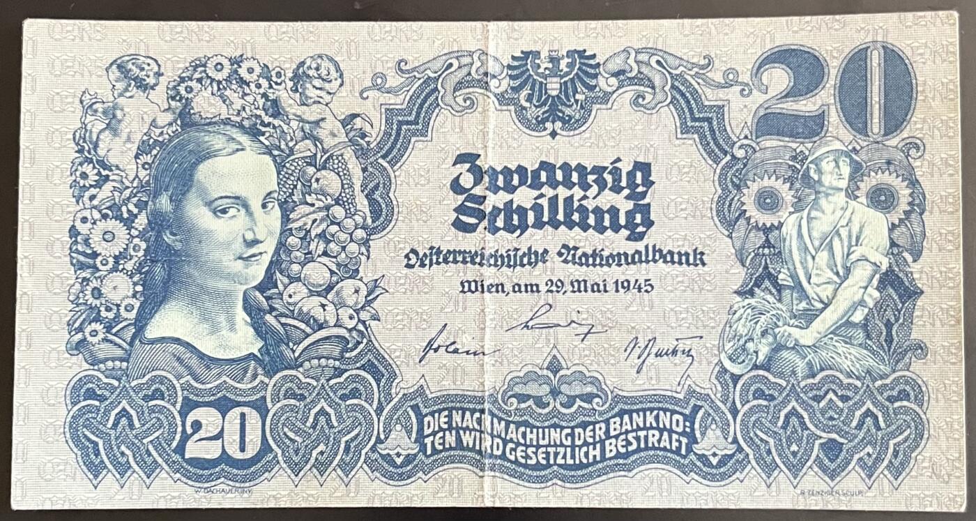 小福收藏拍卖第202期 流通品相裸钞 特惠场 本场全部为欧洲纸币【佣金仅收2% 不设最低佣金 全场包邮】 奥地利 1945年 20先令 AUNC