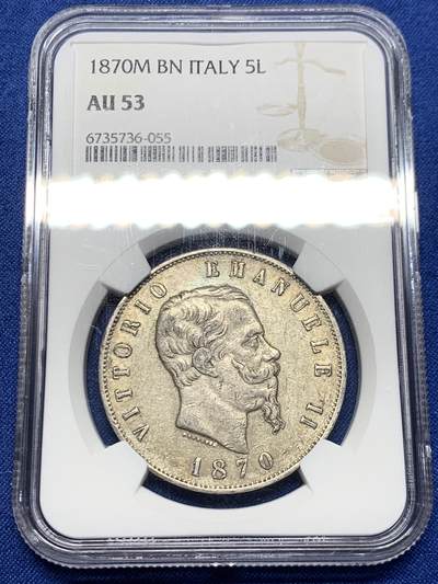 《竞宝斋》第467场 周日，周一 2场连拍 （全场包邮）欢迎送拍 - NGC AU53 意大利 1870年 艾曼纽尔二世 5里拉大银币