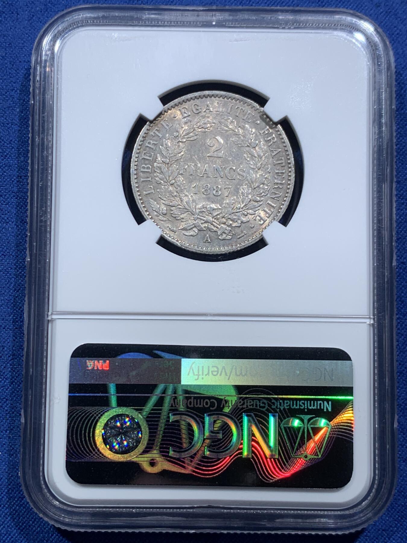 《竞宝斋》第467场 周日，周一 2场连拍 （全场包邮）欢迎送拍 NGC AU58 法国1887年谷物女神2法郎银币