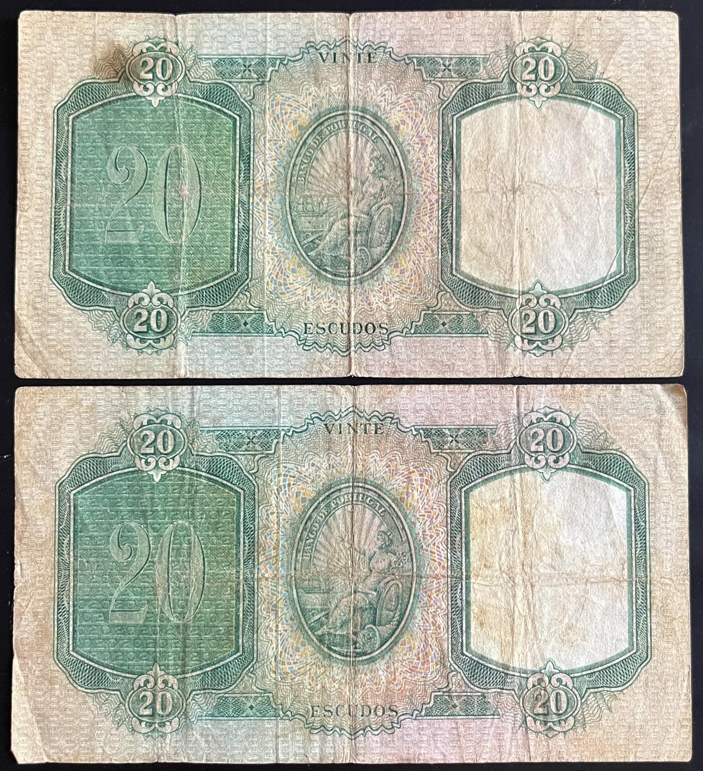 小福收藏拍卖第202期 流通品相裸钞 特惠场 本场全部为欧洲纸币【佣金仅收2% 不设最低佣金 全场包邮】 葡萄牙 1954年 20埃斯库多 1组2张