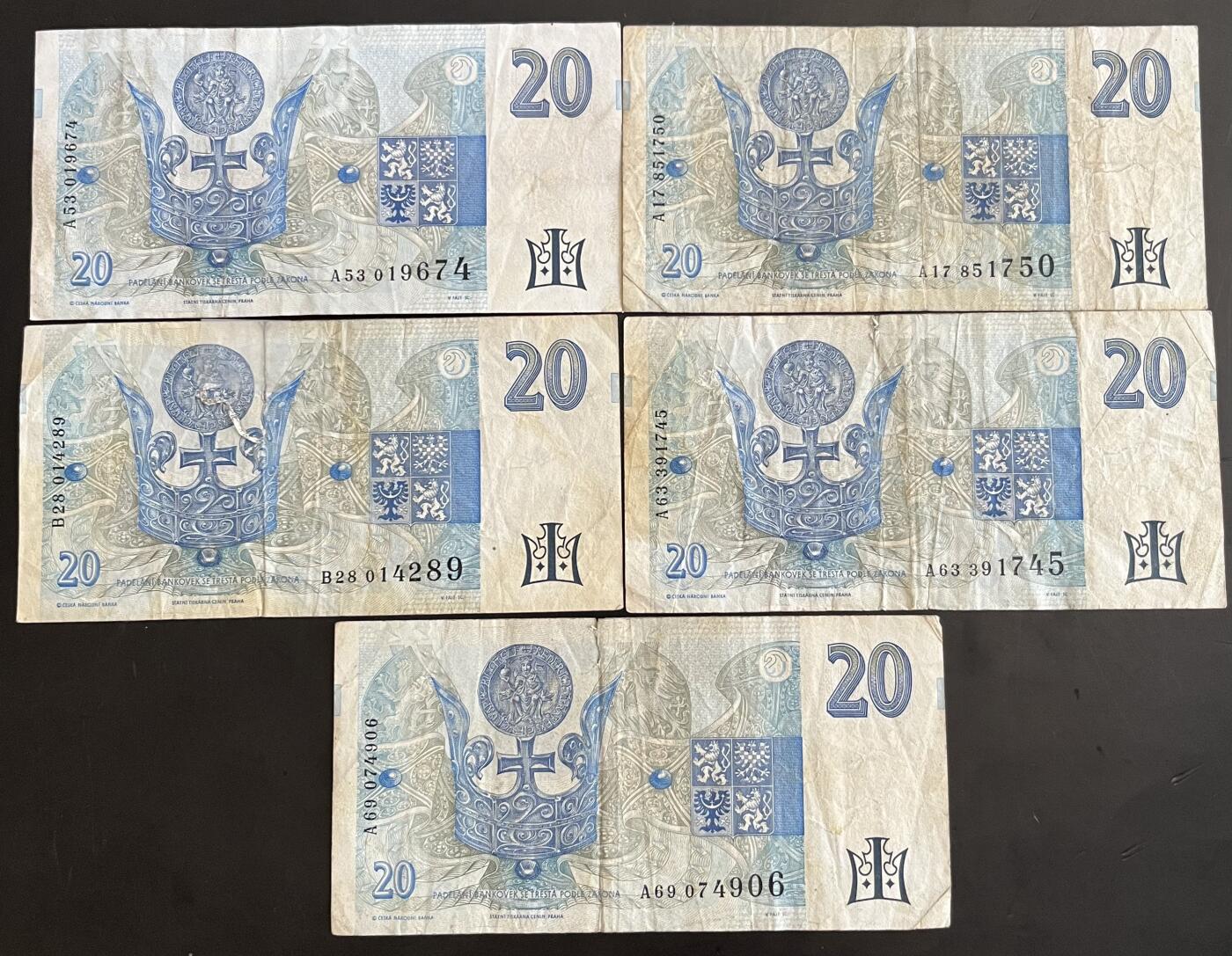 小福收藏拍卖第202期 流通品相裸钞 特惠场 本场全部为欧洲纸币【佣金仅收2% 不设最低佣金 全场包邮】 捷克纸币 20克朗 1组5张