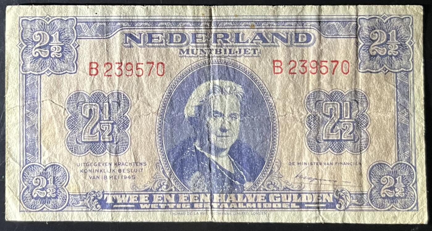 小福收藏拍卖第202期 流通品相裸钞 特惠场 本场全部为欧洲纸币【佣金仅收2% 不设最低佣金 全场包邮】 荷兰 1945年 2又1/2盾