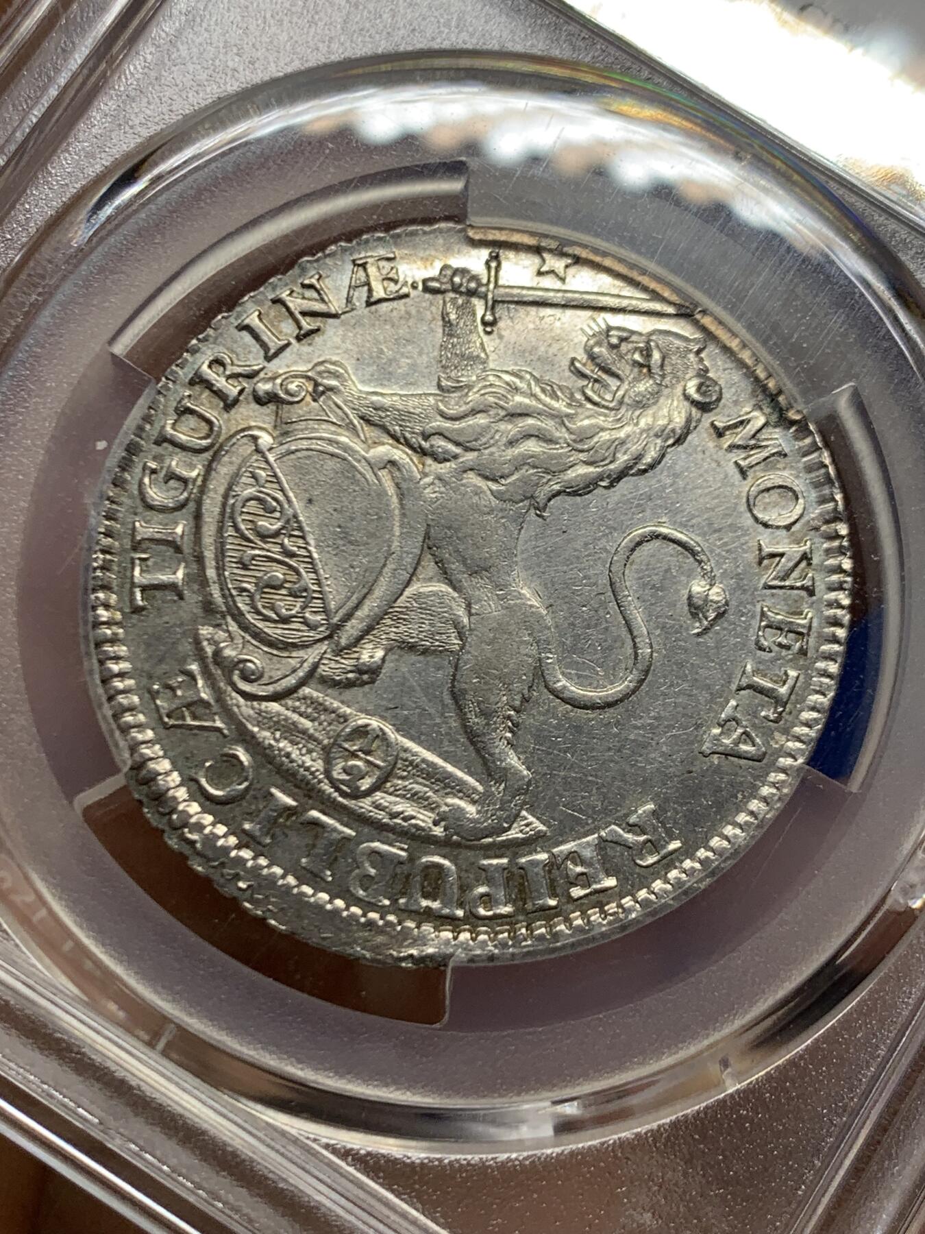 《竞宝斋》第467场 周日，周一 2场连拍 （全场包邮）欢迎送拍 PCGS UNC 瑞士 1753年 苏黎世景观 1/2泰勒银币 打制的非常好