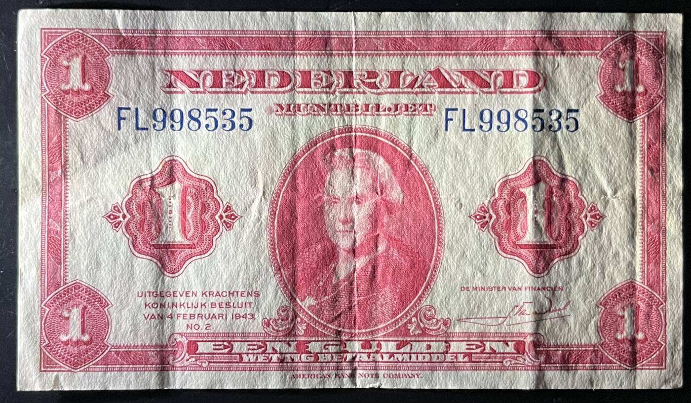 小福收藏拍卖第202期 流通品相裸钞 特惠场 本场全部为欧洲纸币【佣金仅收2% 不设最低佣金 全场包邮】 荷兰 1943年 1盾 XF