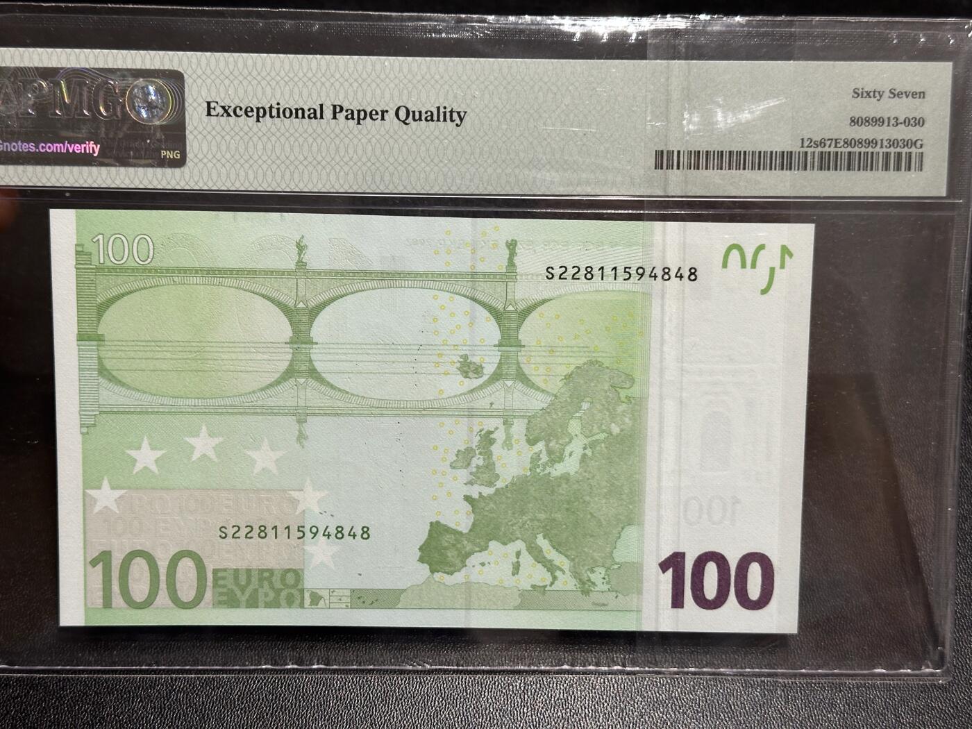 《外钞收藏家》第六百一十四期（精选场）（长期征集拍品、欢迎藏友们联系合作） 2002年二签100欧元 意大利版 PMG67 尾8